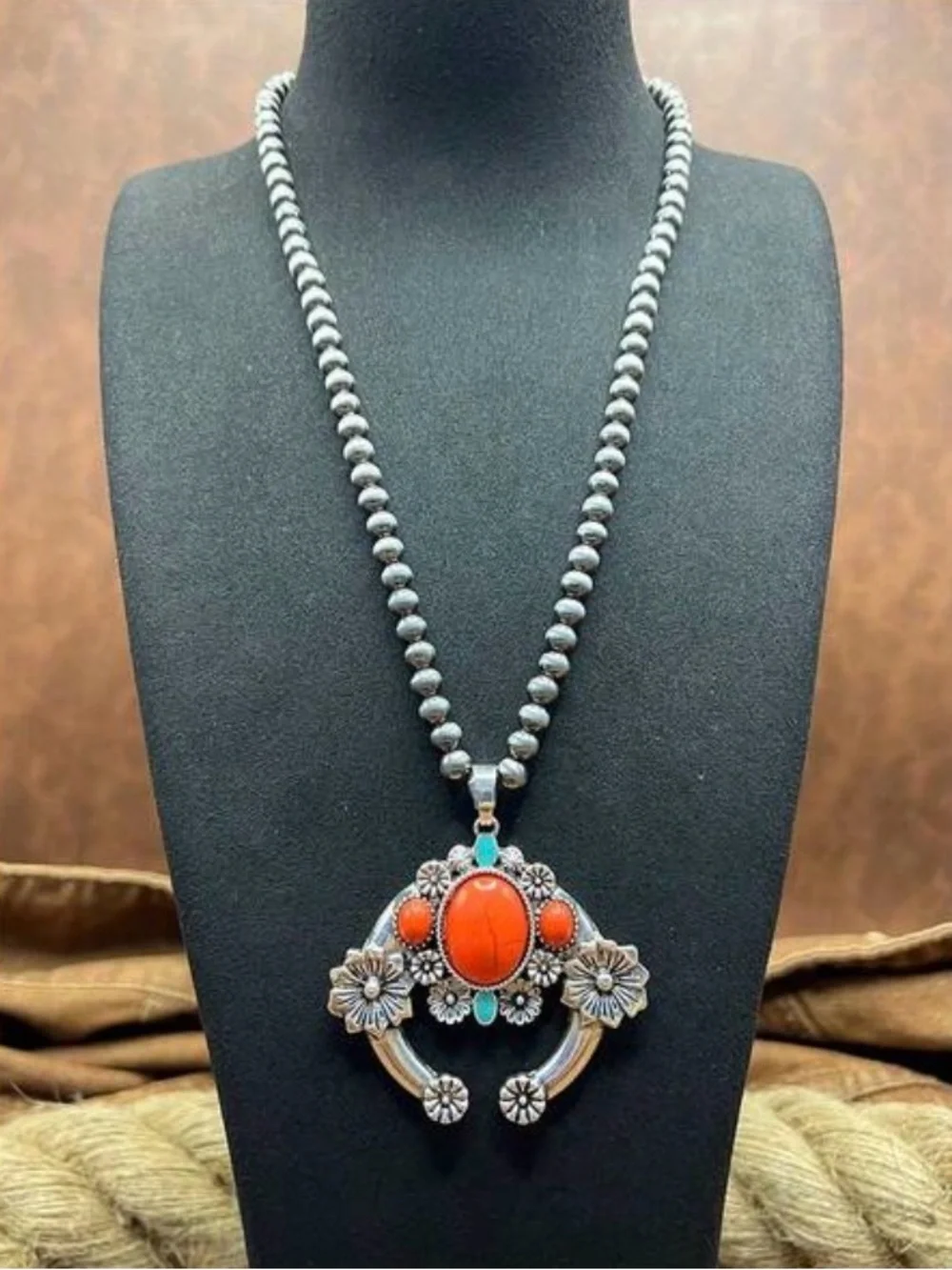 Western Necklace Horseshoe Necklace in Orange and Turquoise Bohemian